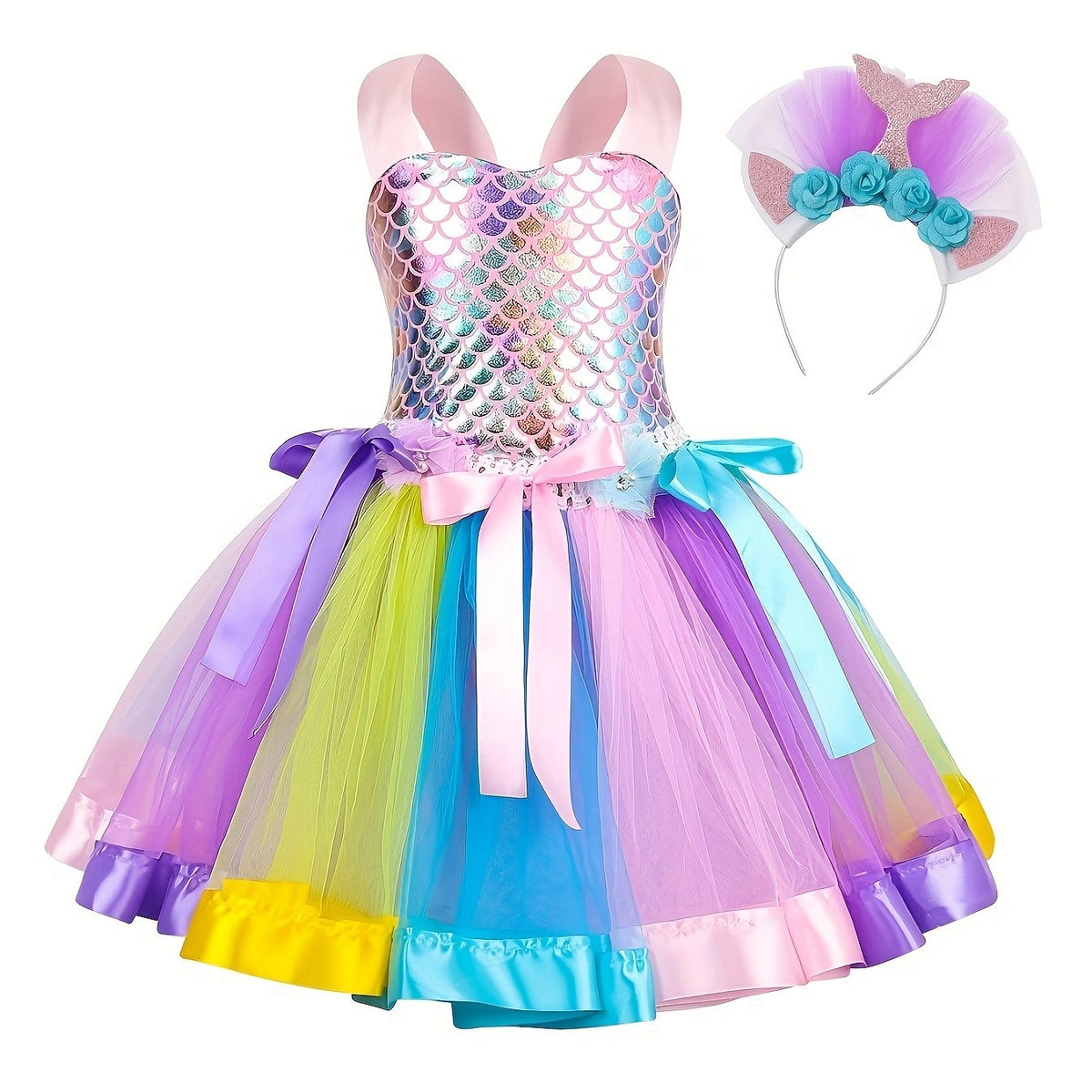 Mermaid Cosplay Costume & Headband Set Girl's Fish Scale Mesh Dress