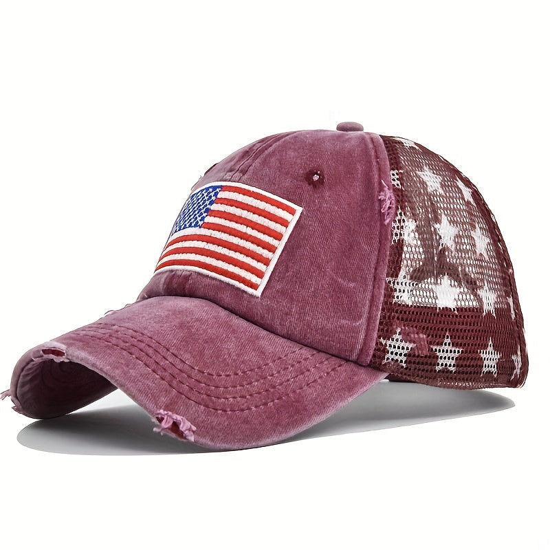 Pentagram Print Ponytail Baseball Cap Flag Embroidery Mesh