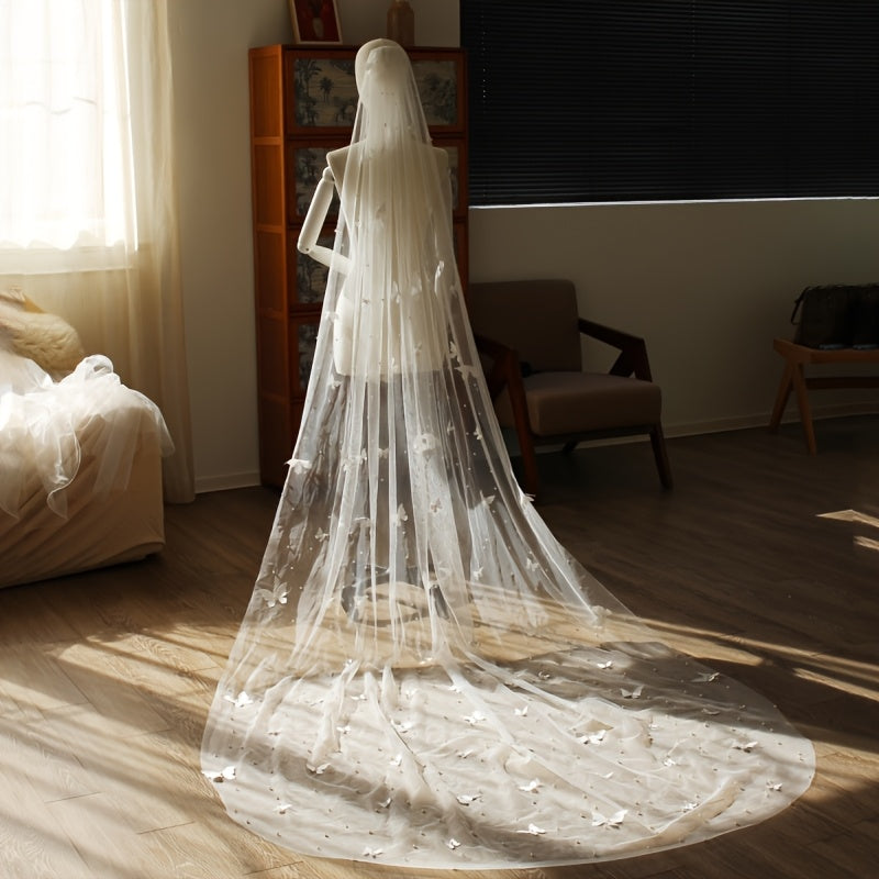 Butterfly Style Bridal Veil with Floral Embellishments Floor Length Wedding Veil