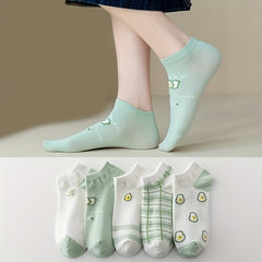 5 Pairs Fruit Print Socks & Low Cut Ankle Socks Women's Stockings