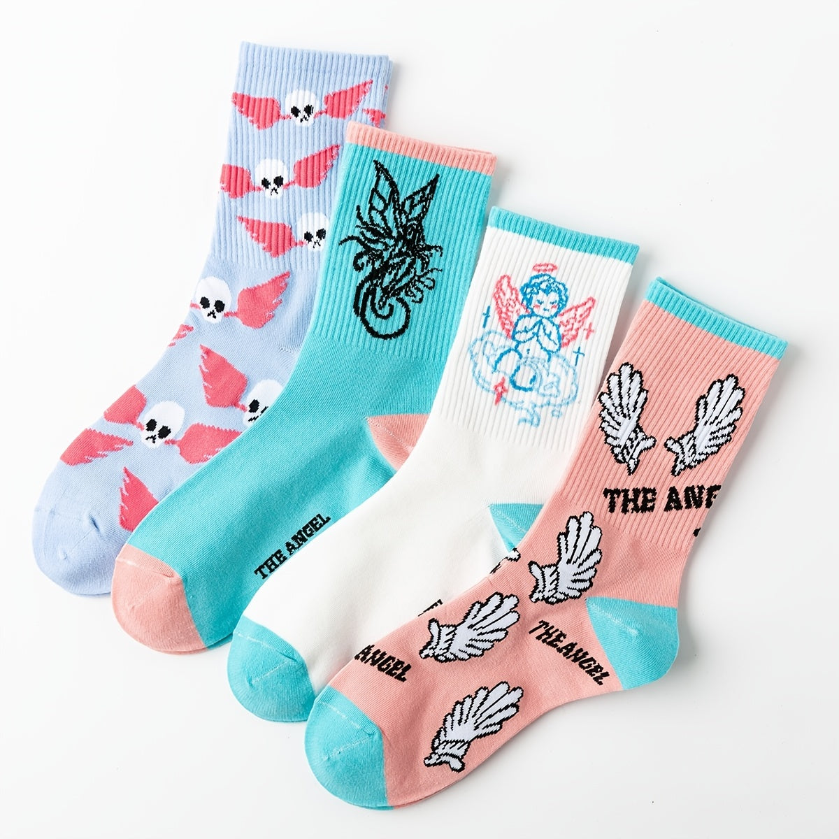 4 Pairs Angel Wings Print Socks & Funny Pattern Mid Tube Socks Women's Stockings