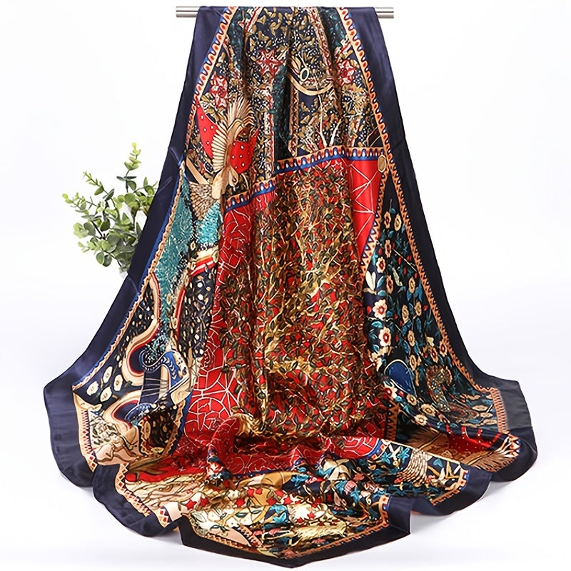 Vintage Flower Print Square Satin Scarf Silk Shawl Head Wrap Bandana Hijab