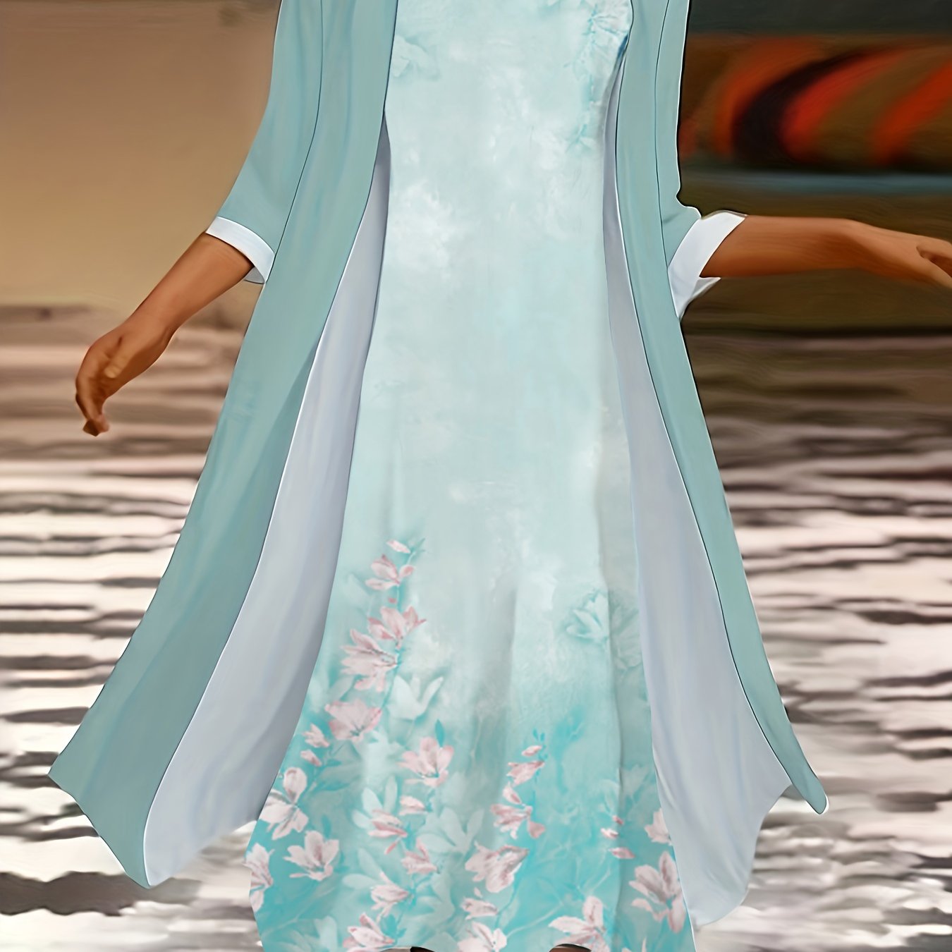  Floral Print Maxi Dress & Cardigan Set