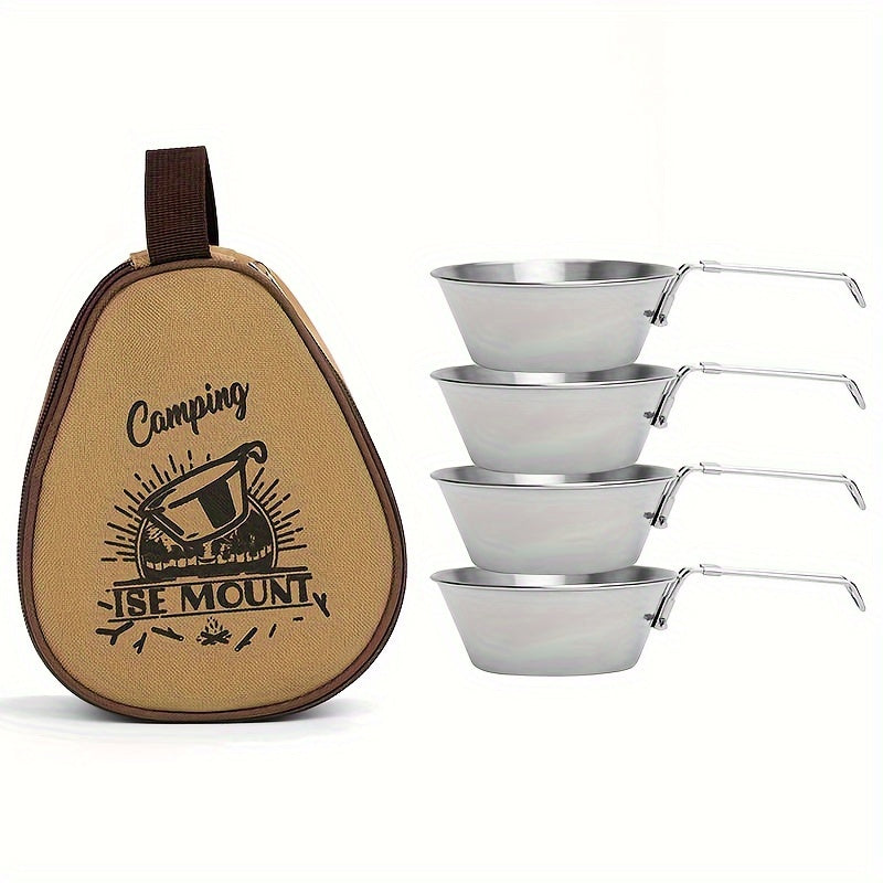Stainless Steel Camping Bowl Set with Handle & Storage Bag