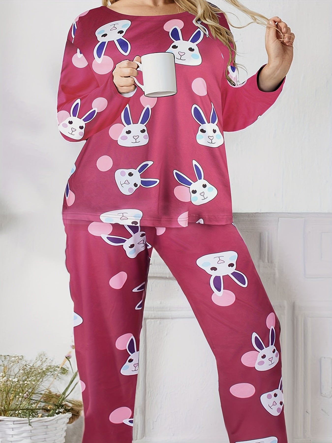  Rabbit & Dot Print Pajama Set Long Sleeve Tee & Pants Two Piece
