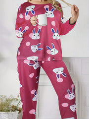  Rabbit & Dot Print Pajama Set Long Sleeve Tee & Pants Two Piece
