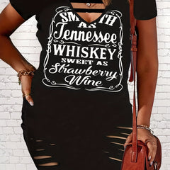  Slogan Print V Neck Cut Out Ripped Dress