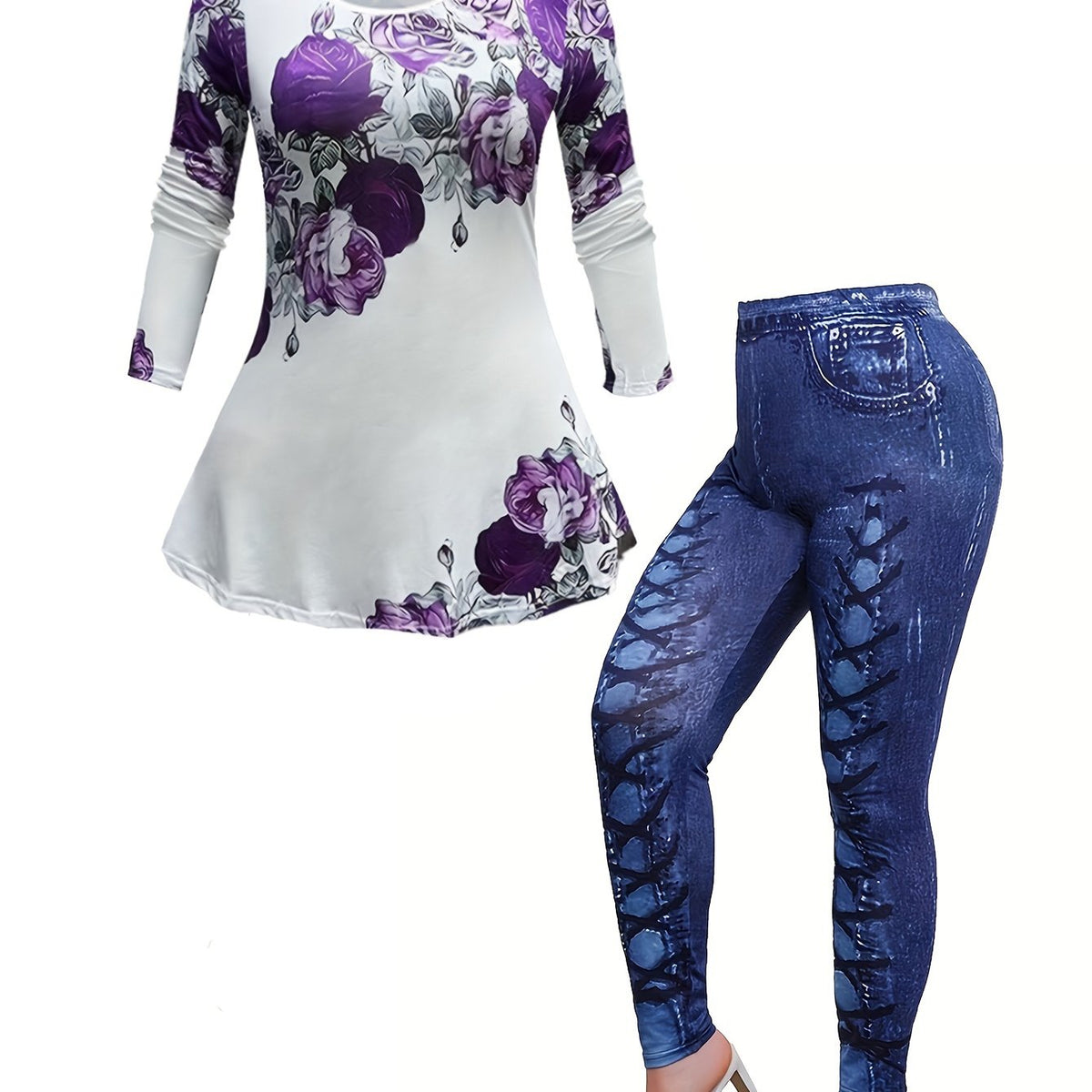  2 Piece Set Women's Floral Top & Denim Leggings Outfits