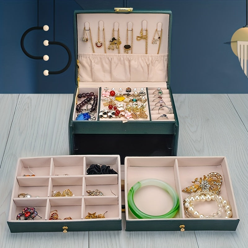 Large Capacity Leather Jewelry Organizer Box 3 Layer Display Case