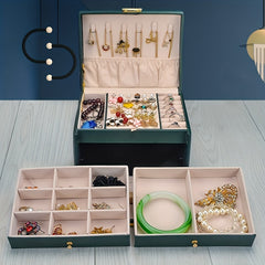 Large Capacity Leather Jewelry Organizer Box 3 Layer Display Case