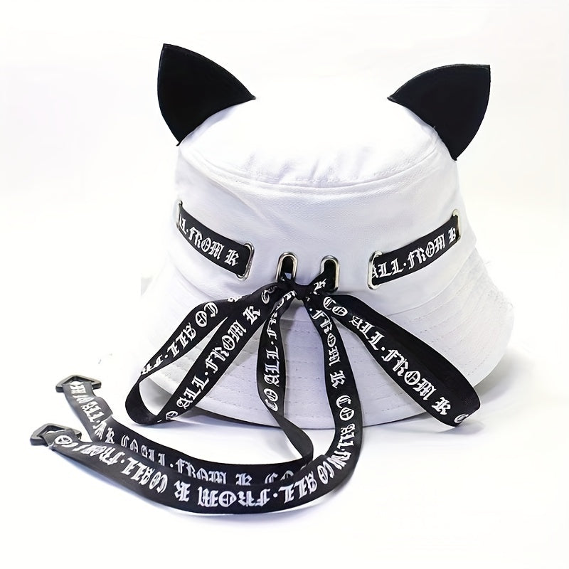 Gothic Cat Ear Bucket Hat Foldable Basin Hats Adjustable Sunscreen Fisherman Cap