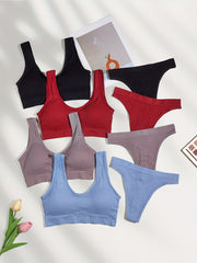 Solid Ribbed Push Up Bra & Thong Lingerie Set