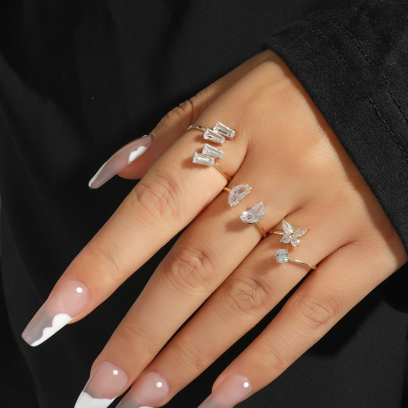 Zircon Butterfly Ring Set Silver Plated Moon Lightning Women's Ring