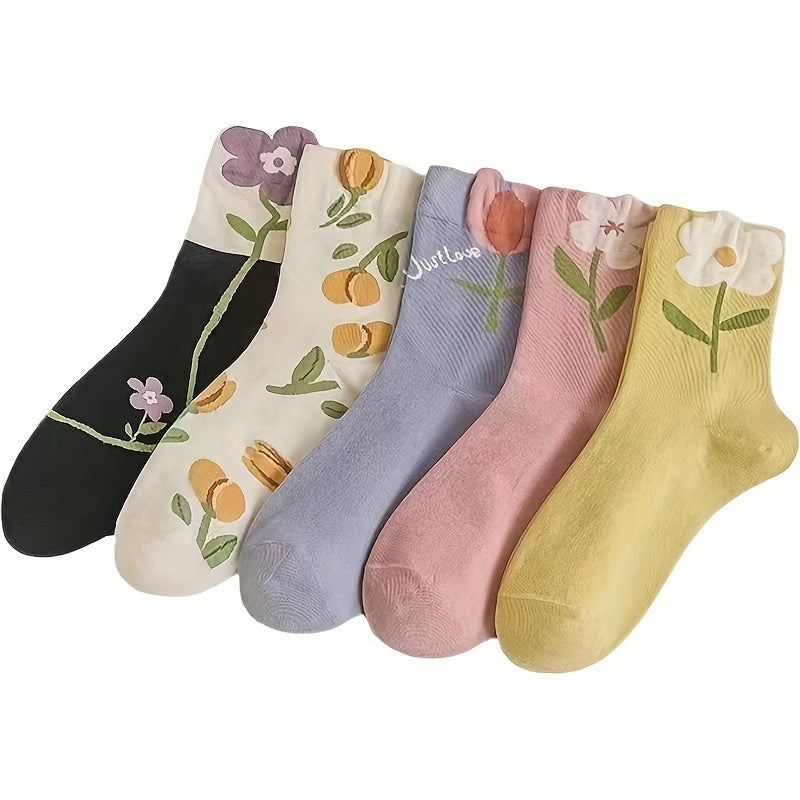 5 Pairs Floral Print Women's Mid Tube Socks