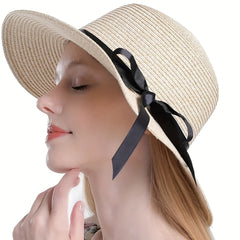 Straw Sun Hat Ribbon Bowknot Solid Sunscreen Beach Hats Floppy Foldable Cap