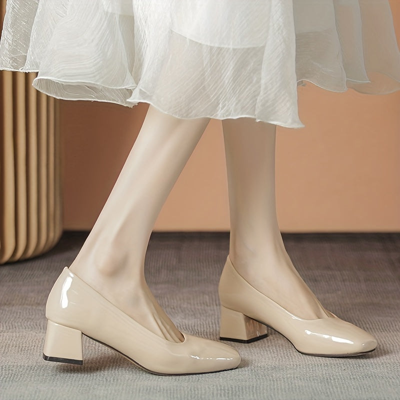 Women's Chunky Heeled Court Pumps Square Toe Solid Patent Leather Shoes