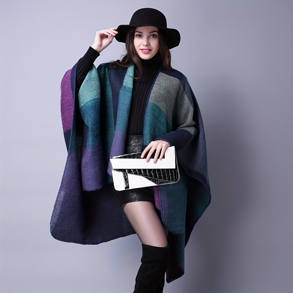 Vintage Block Shawl Cashmere Warm Wrap Large Blanket Scarf Poncho Capes Cloak
