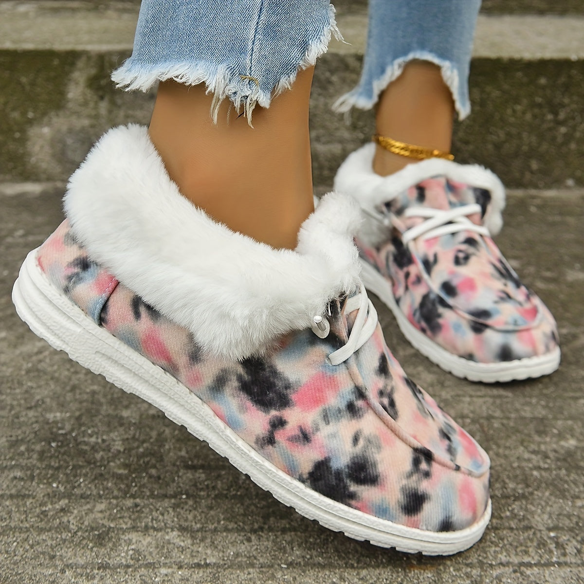 Women's Lace Up Fuzzy Loafers Warm Comfortable Snow Shoes