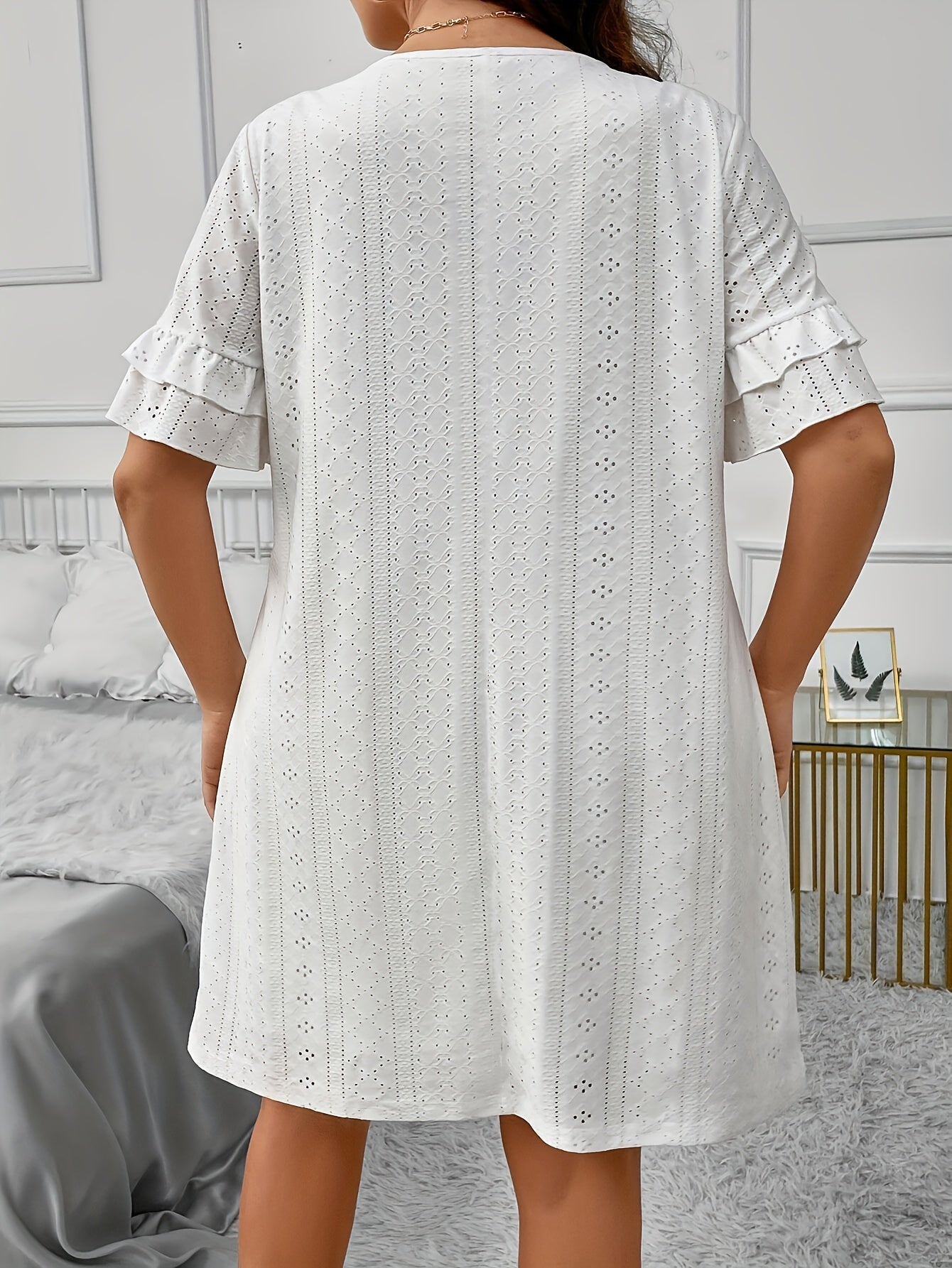  Eyelet Embroidered Ruffle Trim Sleep Dress