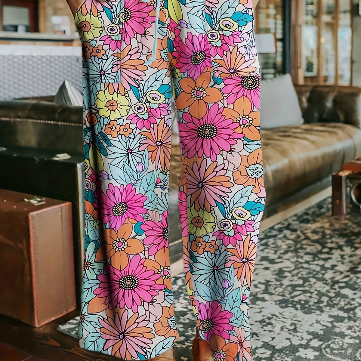  Boho Pants Women's Plus Floral Print Slight Stretch Wide Leg