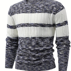 Men's Knitted Block Sweater Round Neck Warm Pullover for Fall Winter