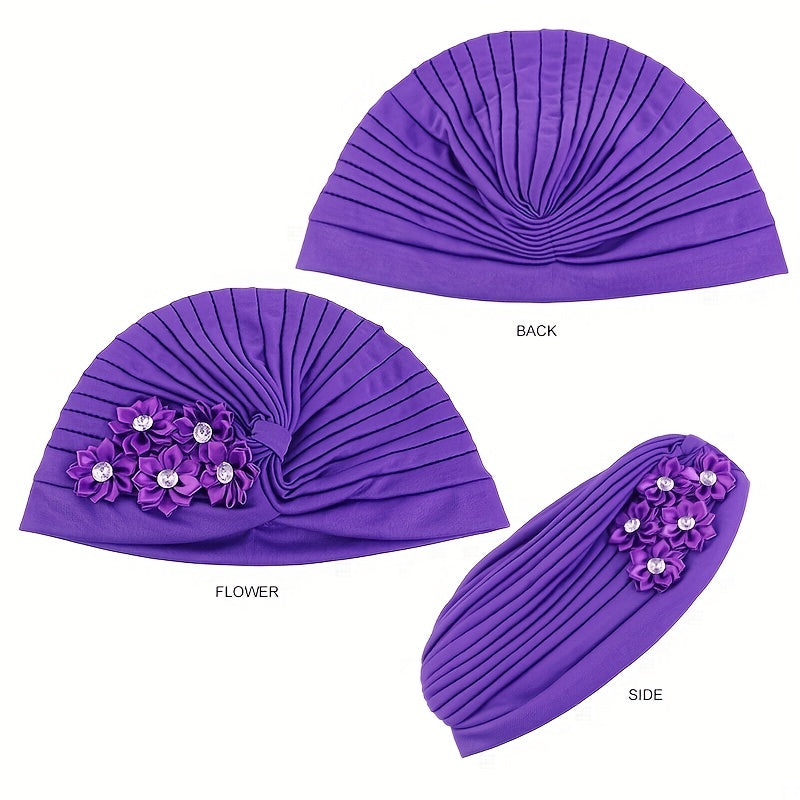 Rhinestone Flower Turban Cap Boho Elastic Head Wrap Beanie Head Scarf