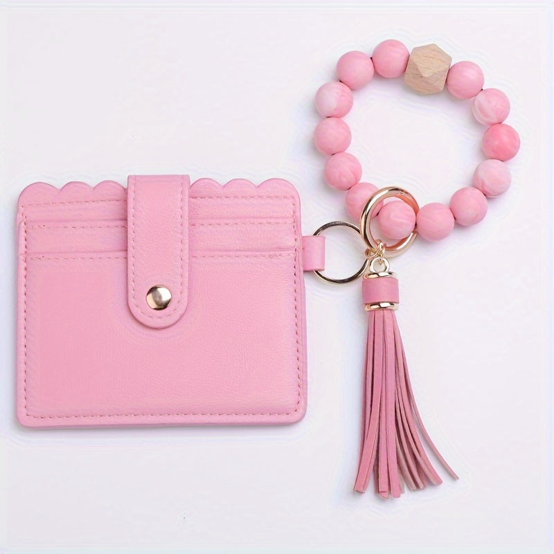 Leopard Print Tassel Wallet Keychain Silicone Beaded Bracelet
