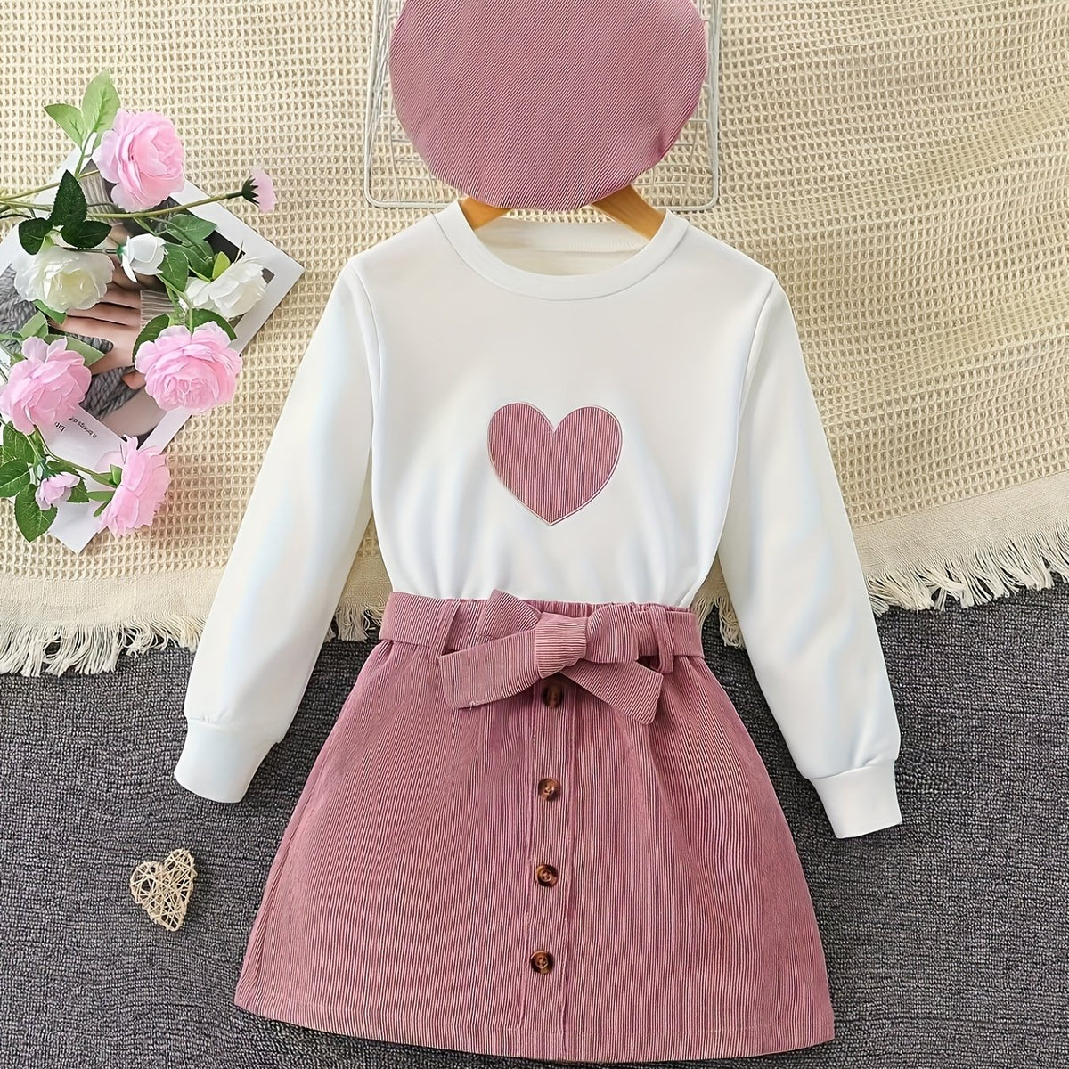 Girl's 3pcs Corduroy Heart Top & Beret & Skirt Set for Spring Fall
