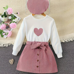 Girl's 3pcs Corduroy Heart Top & Beret & Skirt Set for Spring Fall