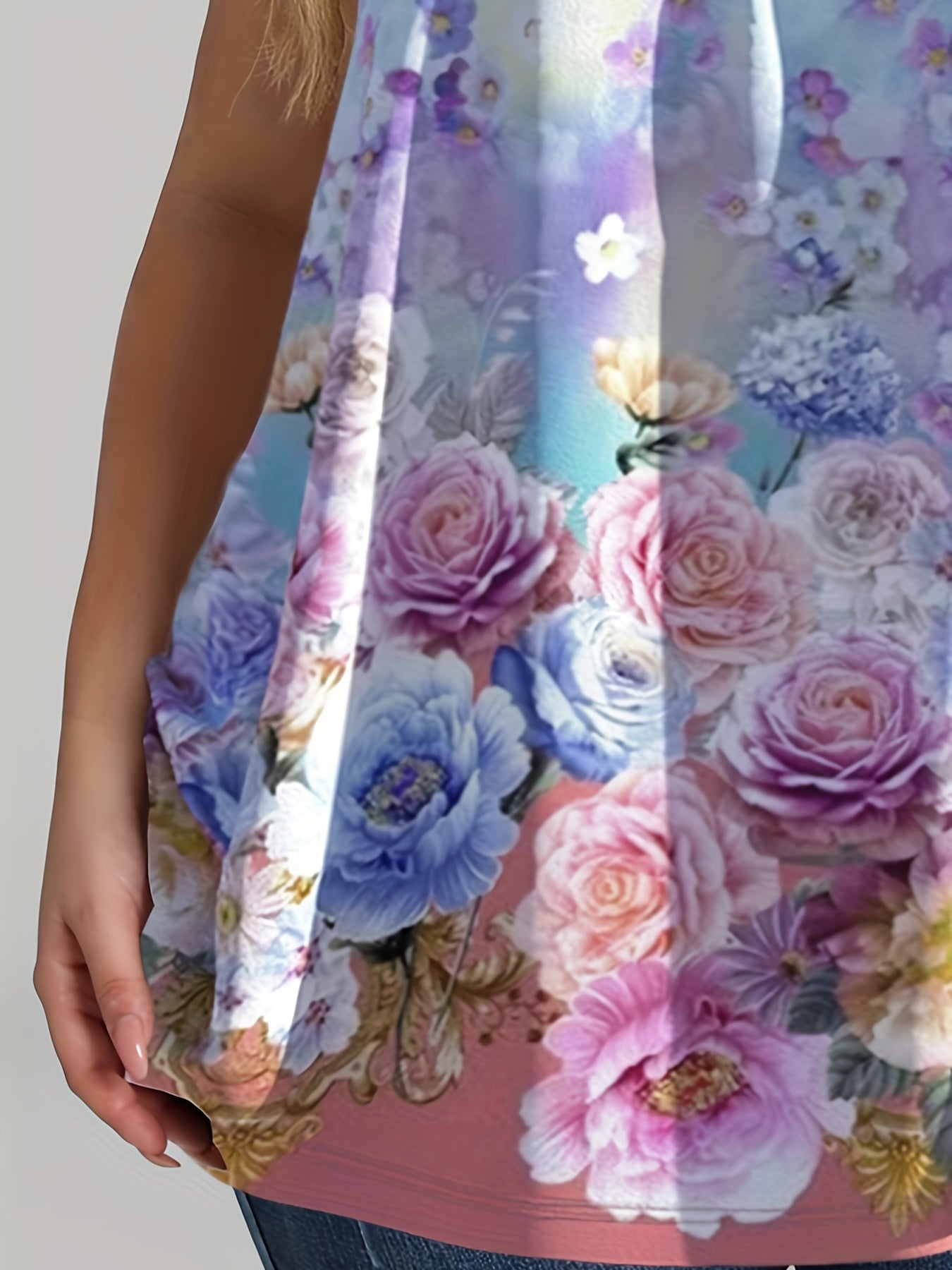  Floral Print Tank Top Round Neck Med Stretch