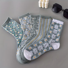 5 Pairs Floral Print Socks Women's Mid Tube Stockings
