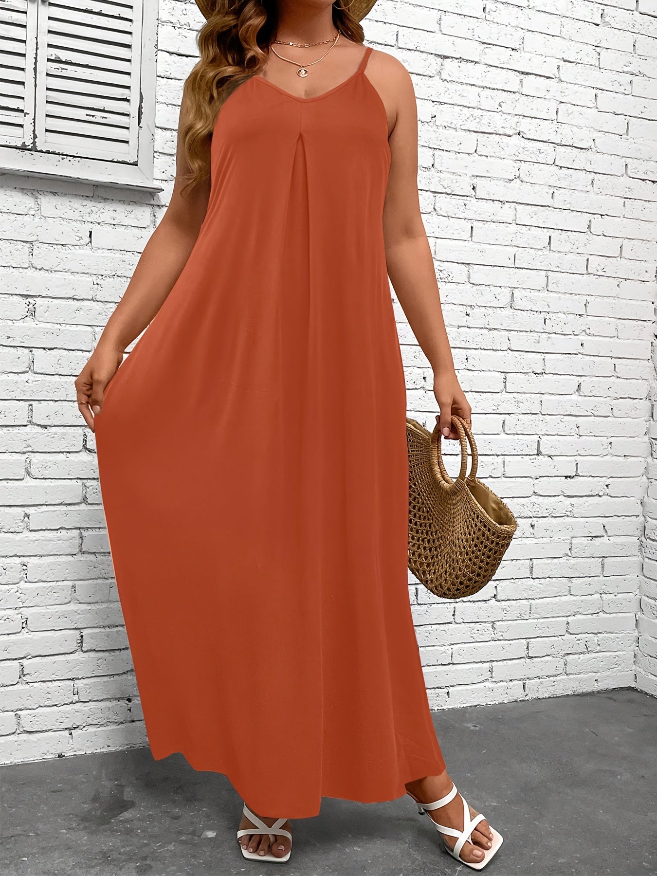  Solid V Neck Maxi Cami Dress