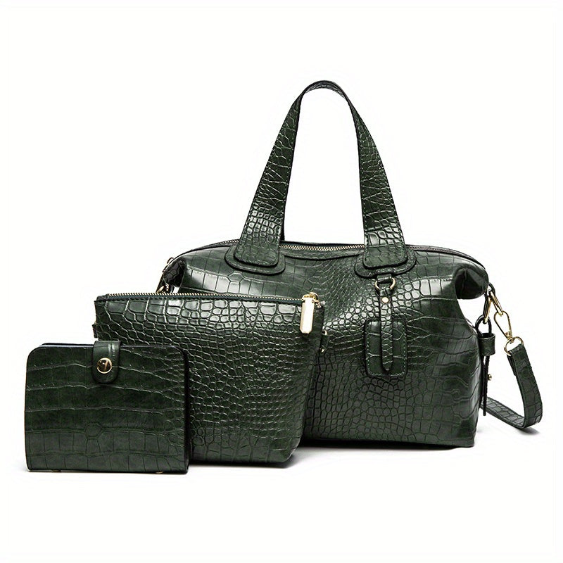 3Pcs Crocodile Embossed Bag Set Handbag With Crossbody Bag & Card Holder