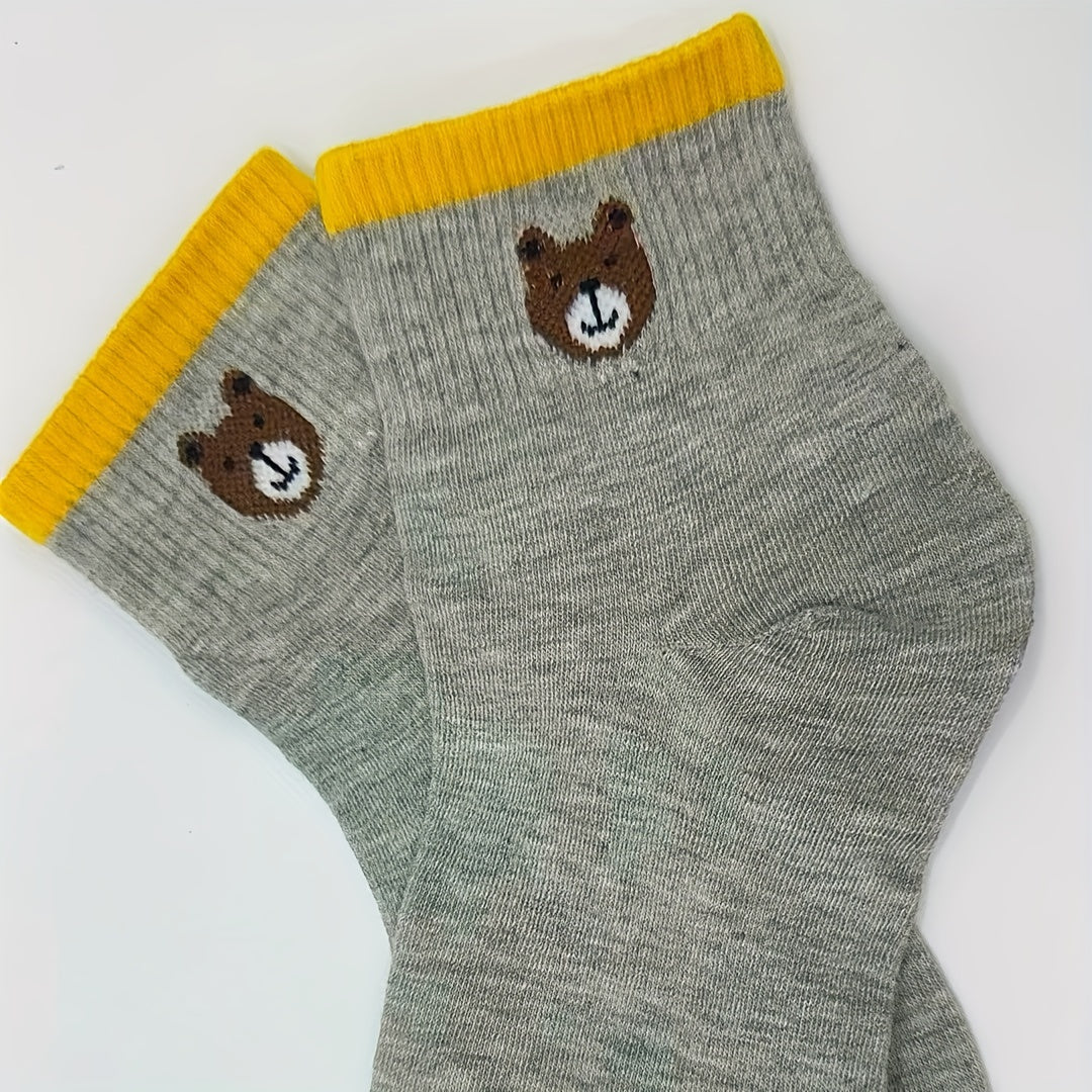 5 Pairs Bear Print Socks Breathable Short Women's Stockings