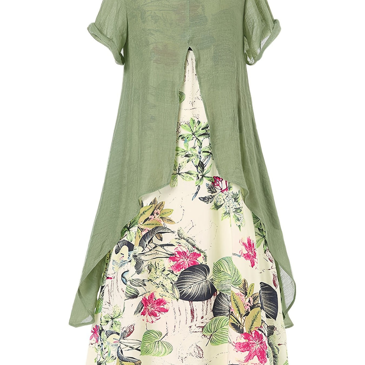 Asymmetrical Floral Print Dress Short Sleeve Crew Neck Casual Dress