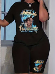  Cartoon Lady & Slogan Print Top & Biker Shorts Set