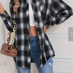  Plaid Print Button Up Long Sleeve Blouse