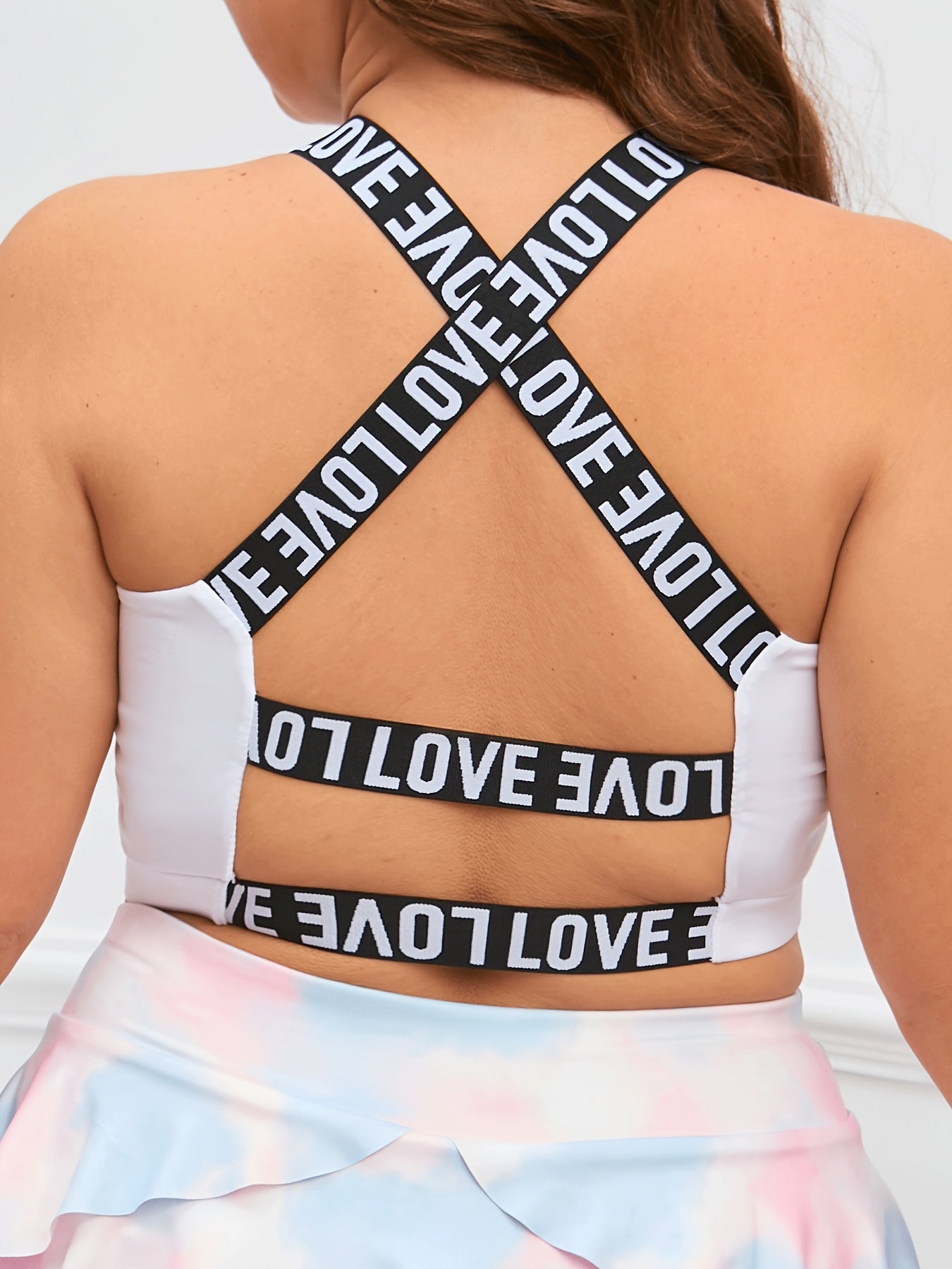  Sports Bra Women's Plus Contrast Letter Tape Criss Cross Back