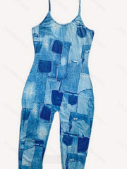 Denim Print Slim Spaghetti Jumpsuit Sexy Sleeveless Jumpsuit