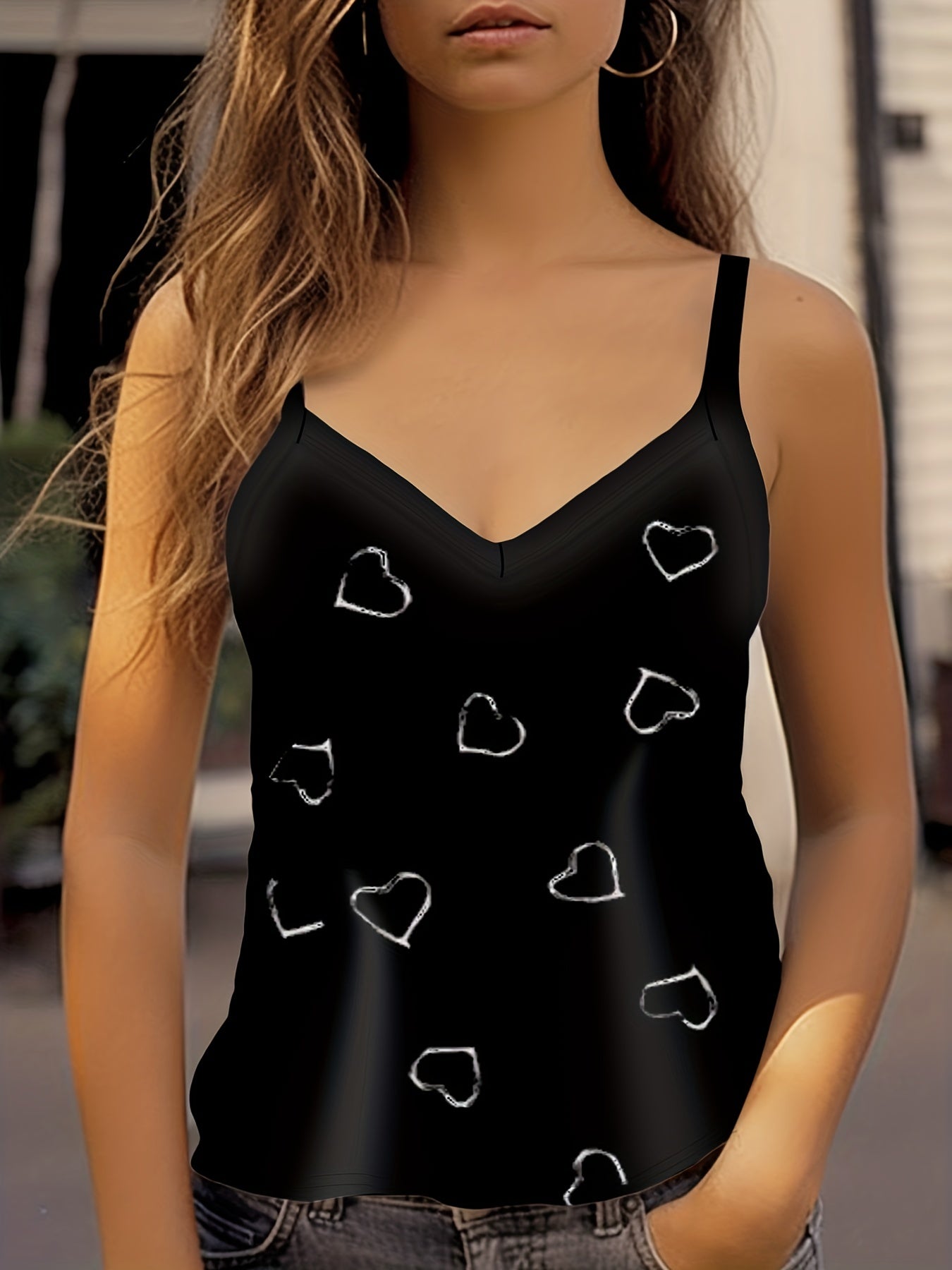  Heart Print V Neck Cami Top