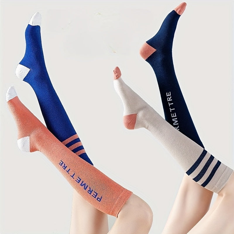 Letter & Stripe Print Calf Socks Colorblock Knee High Socks