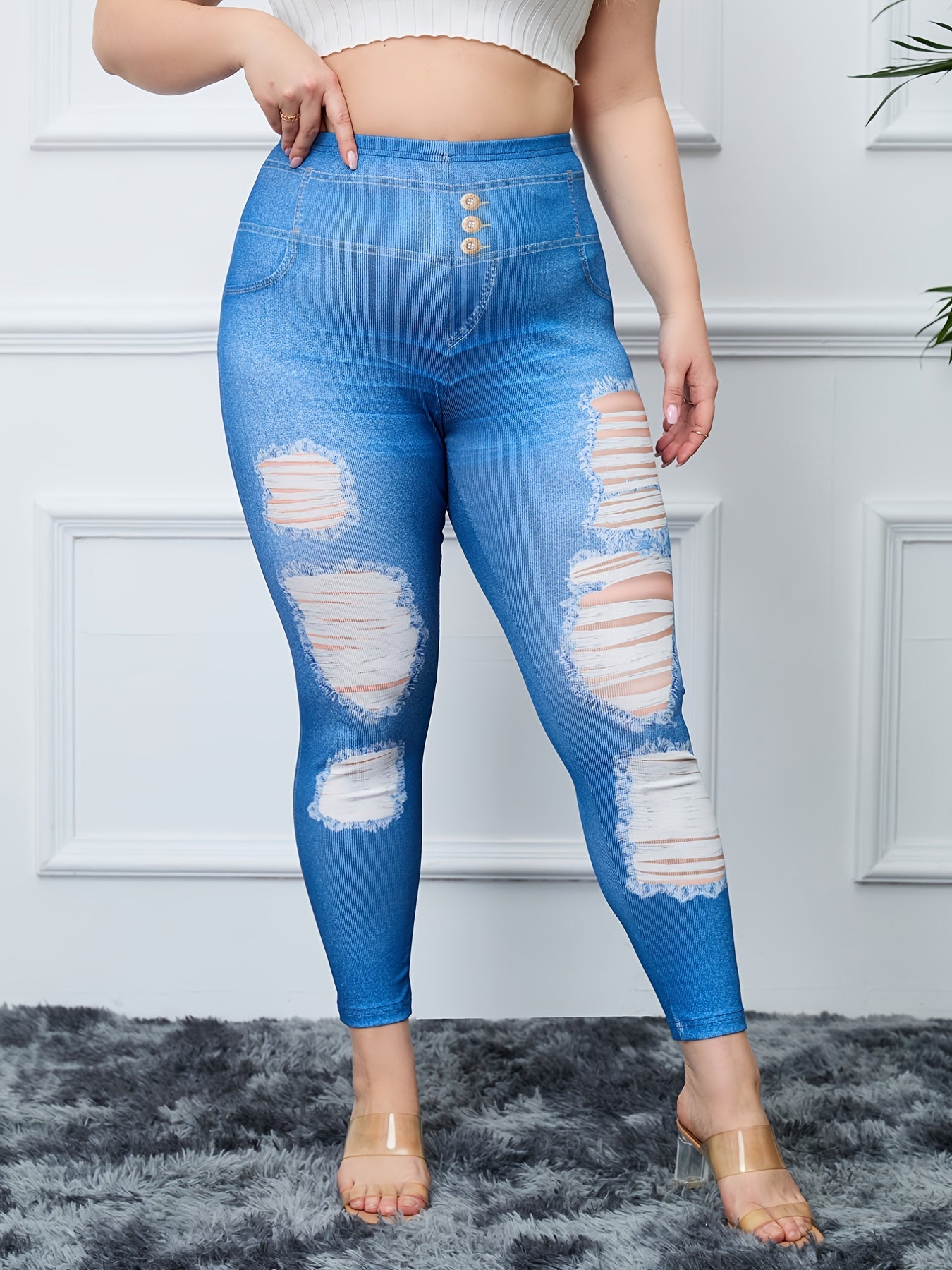  Ripped & Denim Print High Rise Skinny Leggings Women's Plus