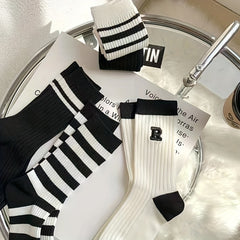 3 Pairs Striped Crew Socks Mid Tube Women's Stockings