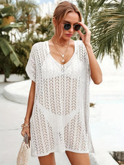 Crochet Batwing Sleeve Beach Cover Up V Neck Side Split Soft Boho Kaftan Dress