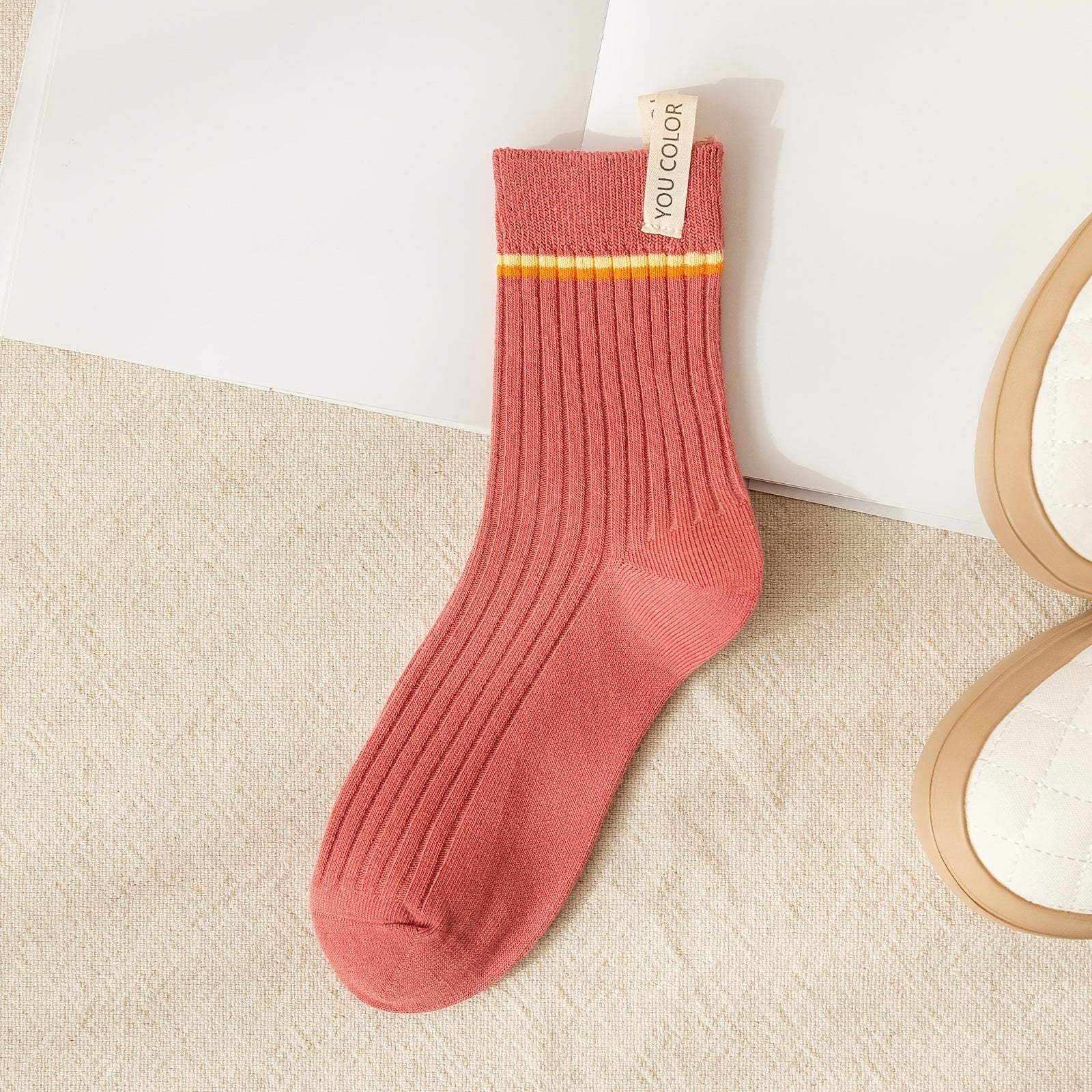 Ribbed Mid Tube Socks Striped Trim Women's Casual Comfy All Match