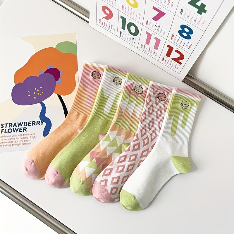 5 Pairs Macaron Print Women's Socks Stockings