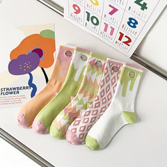 5 Pairs Macaron Print Women's Socks Stockings