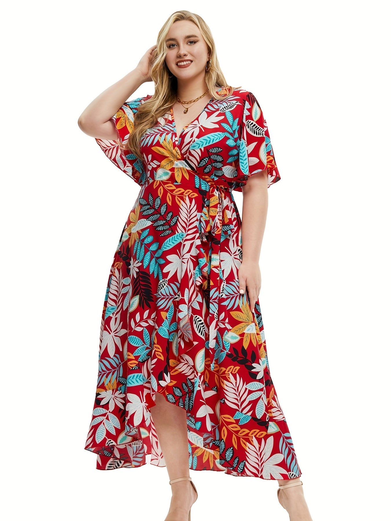  Tropical Print Maxi Dress with Ruffle Trim