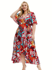  Tropical Print Maxi Dress with Ruffle Trim