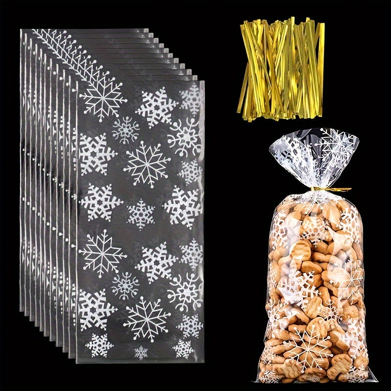 50 Snowflake Candy Bags with 100 Golden Twisted Ties for Party Supplies